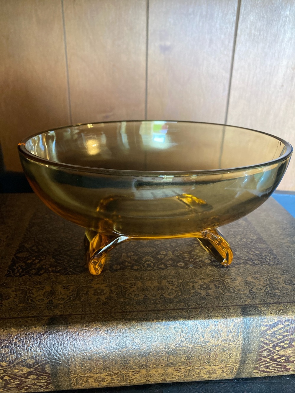 Vintage Viking Amber Glass Scroll Footed Bowl